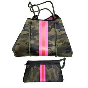 Haute Shore Green Camo Neoprene Paracord Tote Bag with Wristlet Expanded 15x9x11